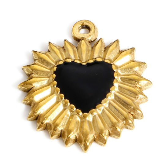 Picture of 304 Stainless Steel Valentine's Day Charms Gold Plated Black Heart Enamel 23mm x 20mm, 1 Piece