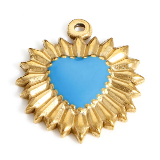 Picture of 304 Stainless Steel Valentine's Day Charms Gold Plated Blue Heart Enamel 23mm x 20mm, 1 Piece