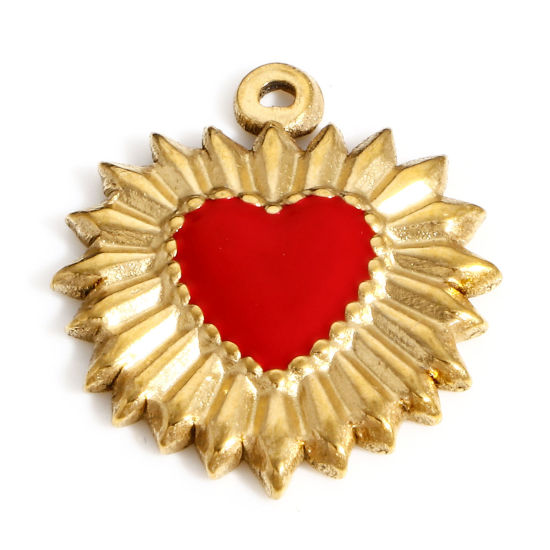 Picture of 304 Stainless Steel Valentine's Day Charms Gold Plated Red Heart Enamel 23mm x 20mm, 1 Piece