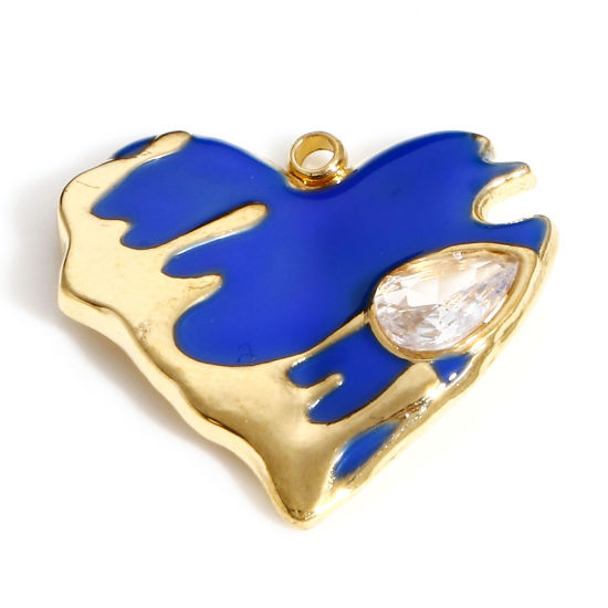 Picture of 304 Stainless Steel Valentine's Day Charms Gold Plated Blue Heart Drop Enamel Clear Rhinestone 19.5mm x 18.5mm, 1 Piece