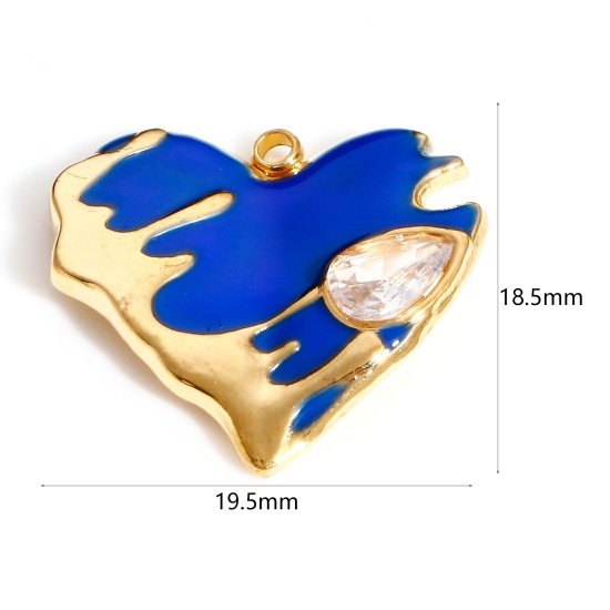 Image de Breloques en 304 Acier Inoxydable La Saint Valentin Cœur Doré Bleu Goutte d'Eau Émail à Strass Transparent 19.5mm x 18.5mm , 1 Pièce