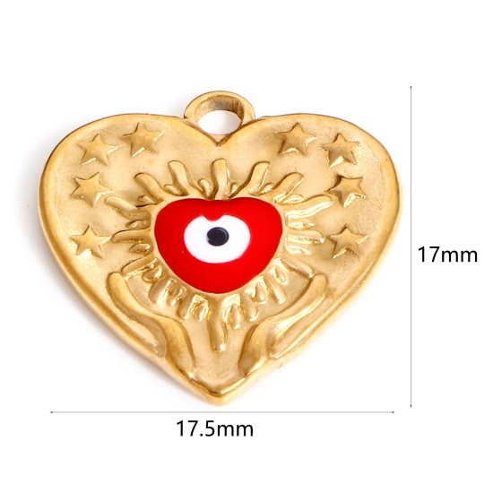 Image de Breloques en 304 Acier Inoxydable La Saint Valentin Cœur Doré Rouge Œil Mauvais Émail 17.5mm x 17mm , 1 Pièce