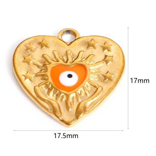 Image de Breloques en 304 Acier Inoxydable La Saint Valentin Cœur Doré Orange Œil Mauvais Émail 17.5mm x 17mm , 1 Pièce