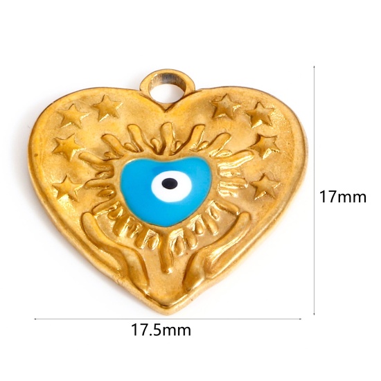 Image de Breloques en 304 Acier Inoxydable La Saint Valentin Cœur Doré Bleu Œil Mauvais Émail 17.5mm x 17mm , 1 Pièce