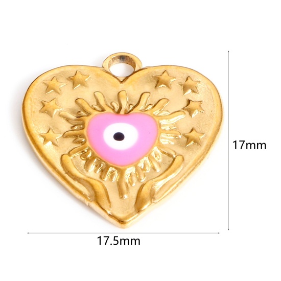 Image de Breloques en 304 Acier Inoxydable La Saint Valentin Cœur Doré Rose Œil Mauvais Émail 17.5mm x 17mm , 1 Pièce