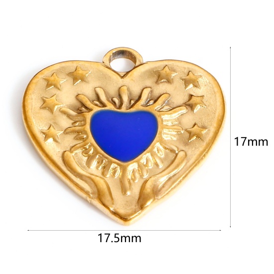 Image de Breloques en 304 Acier Inoxydable La Saint Valentin Cœur Doré Bleu Foncé Pentacle Émail 17.5mm x 17mm , 1 Pièce