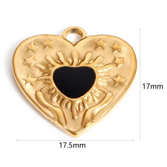 Image de Breloques en 304 Acier Inoxydable La Saint Valentin Cœur Doré Noir Pentacle Émail 17.5mm x 17mm , 1 Pièce