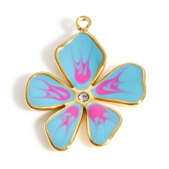Picture of 304 Stainless Steel Pastoral Style Charms Gold Plated Green Flower Enamel Clear Rhinestone 21mm x 17mm, 1 Piece
