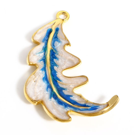 Image de Pendentifs en 304 Acier Inoxydable Style Pastoral Feuille Doré Bleu Émail 37.5mm x 20mm , 1 Pièce