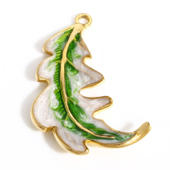Picture of 304 Stainless Steel Pastoral Style Pendants Gold Plated Green Leaf Enamel 37.5mm x 20mm, 1 Piece