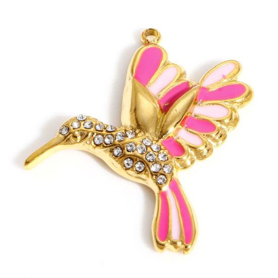 Picture of 304 Stainless Steel Stylish Charms Gold Plated Fuchsia Hummingbird Enamel Clear Rhinestone 29mm x 25mm, 1 Piece