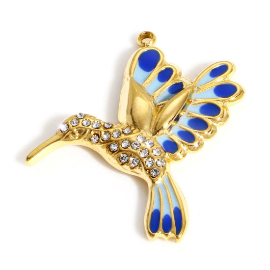Picture of 304 Stainless Steel Stylish Charms Gold Plated Dark Blue Hummingbird Enamel Clear Rhinestone 29mm x 25mm, 1 Piece