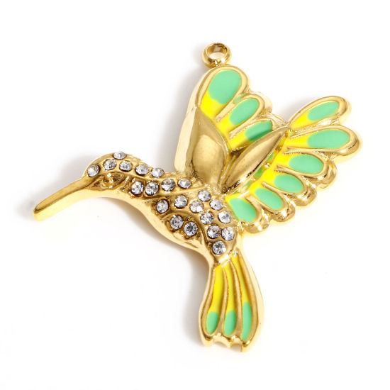 Picture of 304 Stainless Steel Stylish Charms Gold Plated Green Hummingbird Enamel Clear Rhinestone 29mm x 25mm, 1 Piece