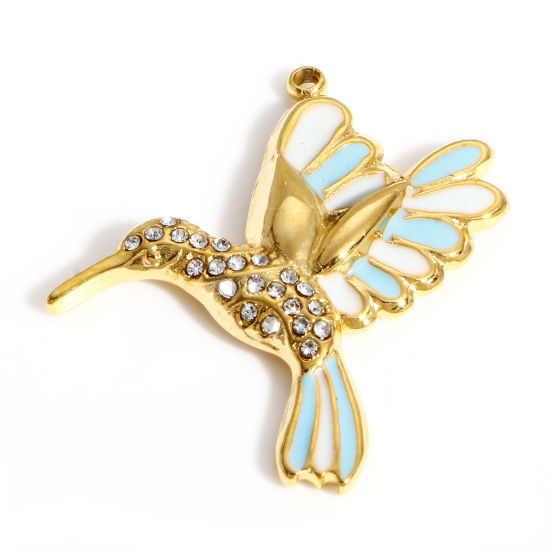 Picture of 304 Stainless Steel Stylish Charms Gold Plated Blue Hummingbird Enamel Clear Rhinestone 29mm x 25mm, 1 Piece