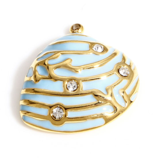Picture of 304 Stainless Steel Ocean Jewelry Charms Gold Plated Skyblue Shell Enamel Clear Rhinestone 20mm x 19mm, 1 Piece