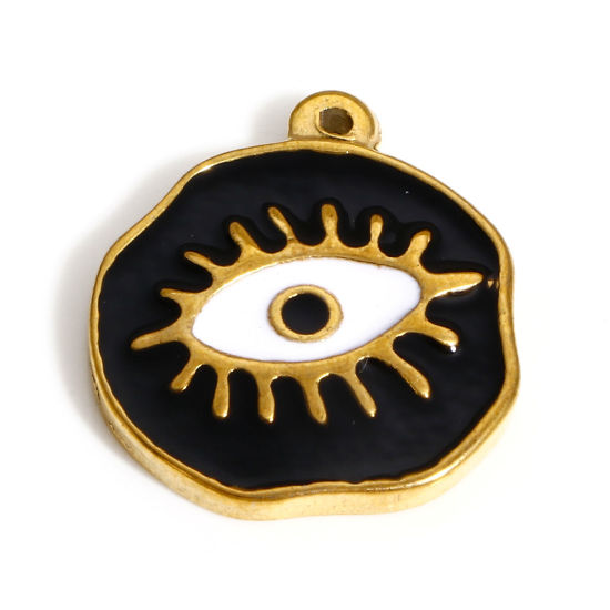 Picture of 304 Stainless Steel Religious Charms Gold Plated Black Irregular Evil Eye Enamel 20mm x 18mm, 1 Piece