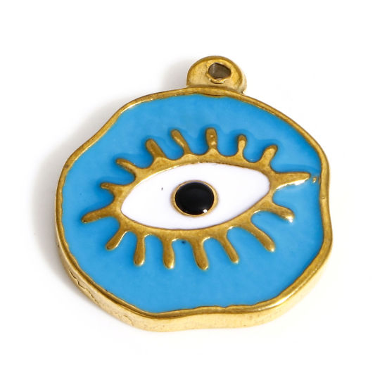 Picture of 304 Stainless Steel Religious Charms Gold Plated Blue Irregular Evil Eye Enamel 20mm x 18mm, 1 Piece