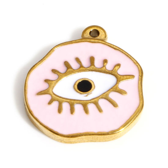 Picture of 304 Stainless Steel Religious Charms Gold Plated Pink Irregular Evil Eye Enamel 20mm x 18mm, 1 Piece