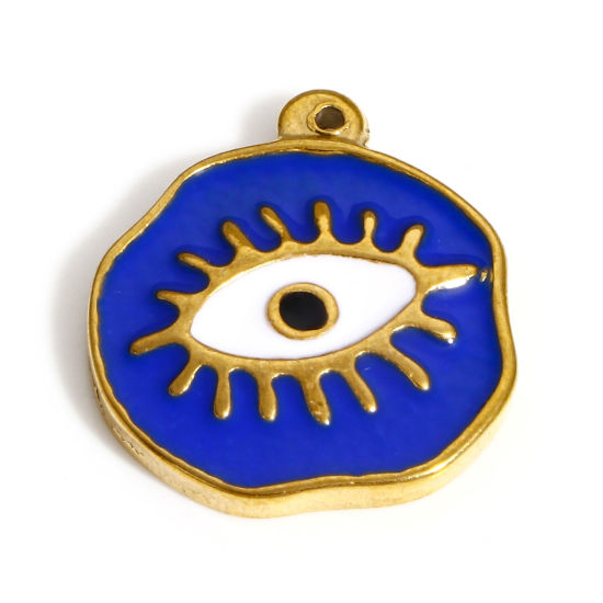 Picture of 304 Stainless Steel Religious Charms Gold Plated Dark Blue Irregular Evil Eye Enamel 20mm x 18mm, 1 Piece
