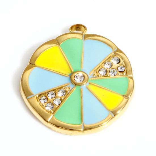Picture of 304 Stainless Steel Stylish Charms Gold Plated Multicolor Petaline Enamel Clear Rhinestone 23mm x 20mm, 1 Piece