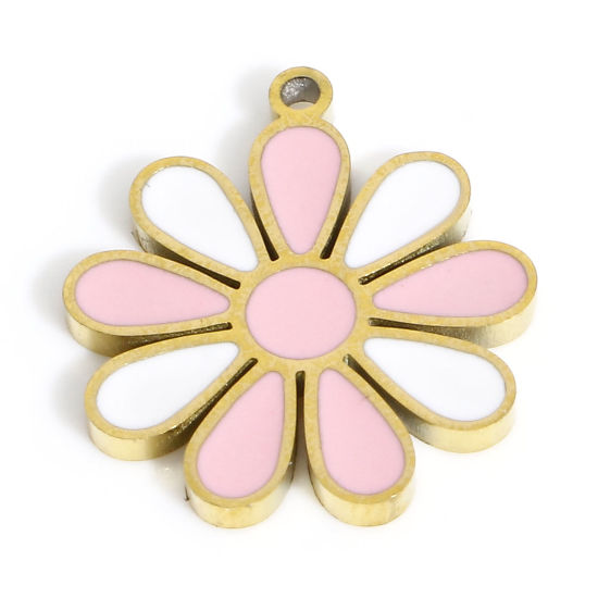 Immagine di 2 Pz Placcatura Sottovuoto PVD Ecologica 316 Acciaio inossidabile Collezione Flora Ciondoli 18K Vero Oro Placcato Fiore Smalto 16.5mm x 15mm