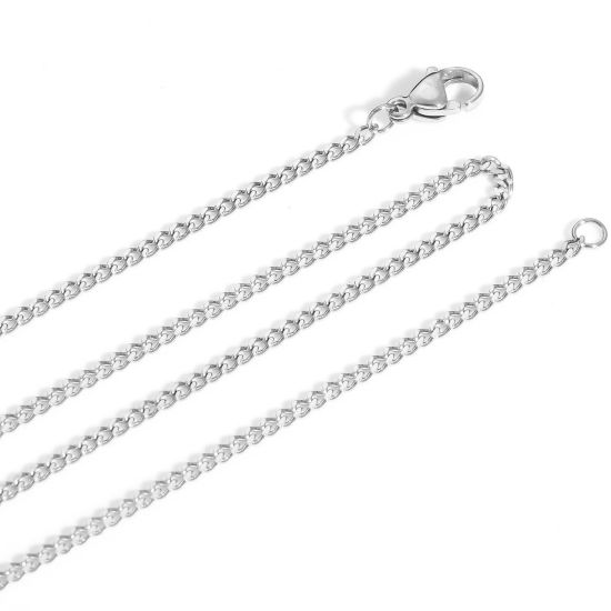 Picture of 2 PCs 304 Stainless Steel Curb Link Chain Necklace For DIY Jewelry Making Silver Tone With Lobster Claw Clasp 60cm(23 5/8") long, Chain Size: 2.2mm