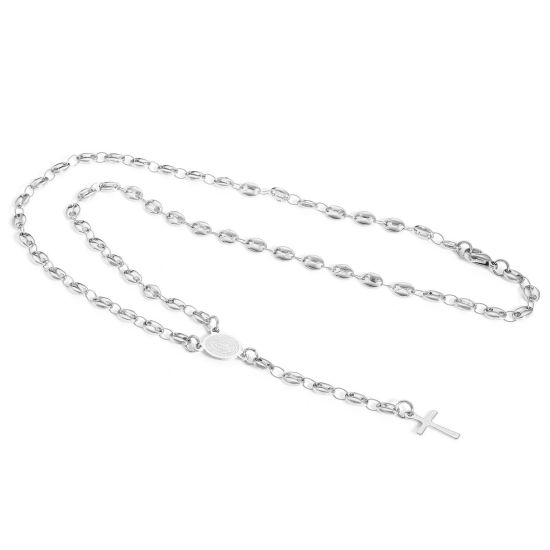 Image de 1 Pièce Collier Chapelet de Perles de Prière Chaîne de Nez de Cochon en 304 Acier Inoxydable Religieux Argent Mat Croix Sainte Vierge Marie 50cm Long