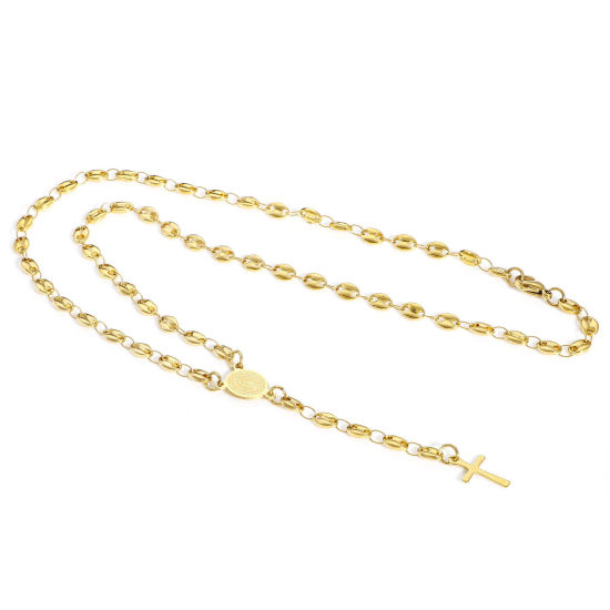 Image de 1 Pièce Collier Chapelet de Perles de Prière Chaîne de Nez de Cochon en 304 Acier Inoxydable Placage sous Vide Religieux Plaqué Or 18K Croix Sainte Vierge Marie 50cm Long
