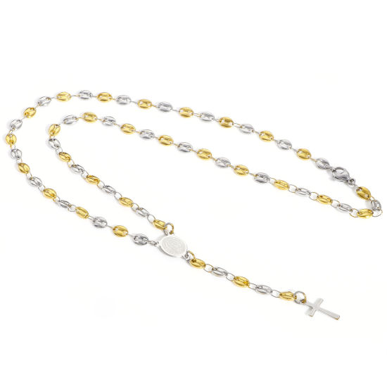Image de 1 Pièce Collier Chapelet de Perles de Prière Chaîne de Nez de Cochon en 304 Acier Inoxydable Religieux Plaqué Or & Argent Mat Croix Sainte Vierge Marie 50cm Long