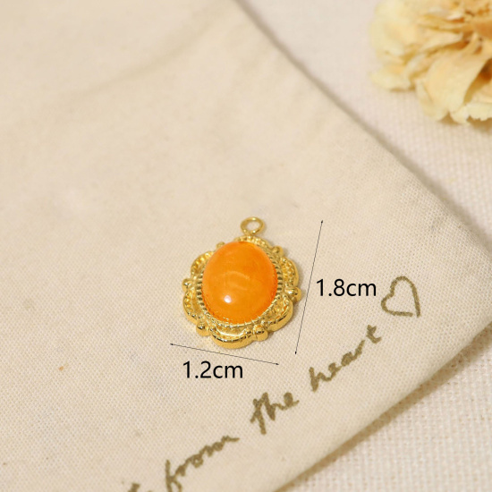 Picture of 1 Piece Vacuum Plating 304 Stainless Steel & Stone Boho Chic Bohemia Charms 18K Real Gold Plated Orange Oval Imitation Gemstones 1.8cm x 1.2cm