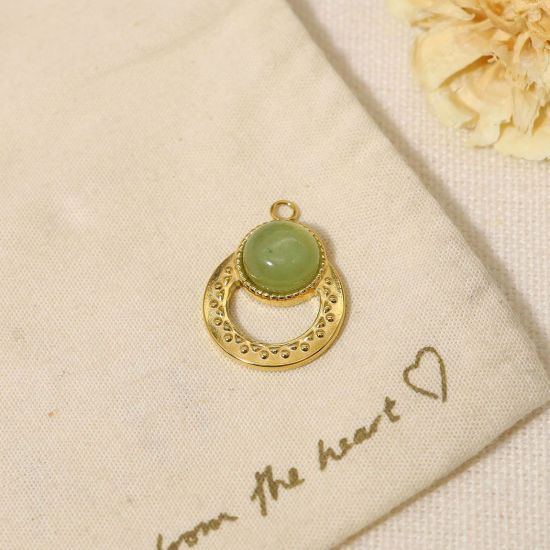 Picture of 1 Piece Vacuum Plating 304 Stainless Steel & Stone Boho Chic Bohemia Charms 18K Real Gold Plated Light Green Round Imitation Gemstones 2cm x 1.5cm