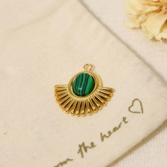 Picture of 1 Piece Vacuum Plating 304 Stainless Steel & Stone Boho Chic Bohemia Charms 18K Real Gold Plated Peacock Green Fan-shaped Oval 2cm x 1.9cm