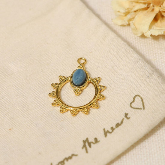 Picture of 1 Piece Vacuum Plating 304 Stainless Steel & Stone Boho Chic Bohemia Charms 18K Real Gold Plated Blue Oval Sun Imitation Gemstones 2.3cm x 1.8cm