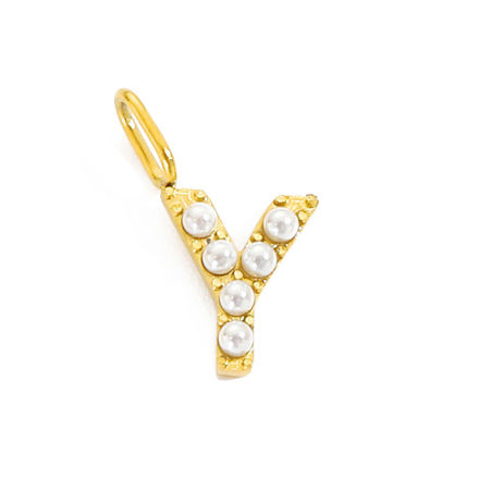 Picture of 1 Piece Eco-friendly PVD Vacuum Plating 304 Stainless Steel Charms 14K Gold Plated Capital Alphabet Initial Letter Message " Y " Acrylic Imitation Pearl 10mm Dia.