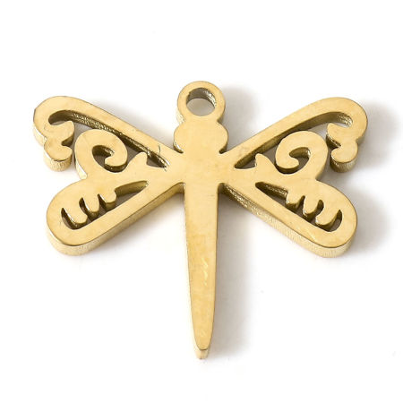 Imagen de 5 Unidades Recubrimiento al Vacío PVD Ecológico 304 Acero Inoxidable Insecto Colgantes Chapado en Oro Libélula 17mm x 14mm