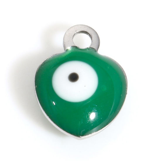 Immagine di 304 Acciaio Inossidabile Religione Charms Cuore Tono Argento Verde Malocchio Smalto a Doppia Faccia 8mm x 6mm, 10 Pz