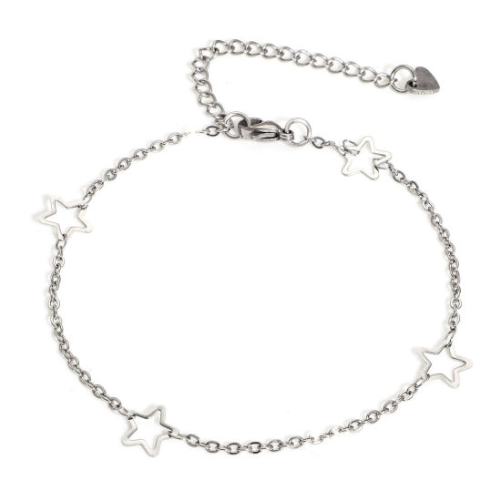Picture of 304 Stainless Steel Handmade Link Chain Anklet Silver Tone With Lobster Claw Clasp And Extender Chain Pentagram Star 21.5cm(8 4/8") long, 1 Piece