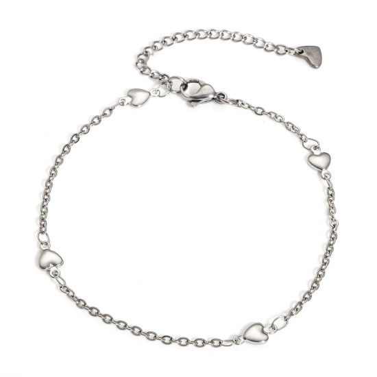Picture of 304 Stainless Steel Handmade Link Chain Anklet Silver Tone With Lobster Claw Clasp And Extender Chain Heart 21cm(8 2/8") long, 1 Piece
