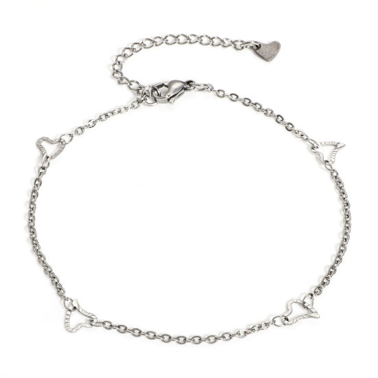 Picture of 304 Stainless Steel Handmade Link Chain Anklet Silver Tone With Lobster Claw Clasp And Extender Chain Heart 23cm(9") long, 1 Piece