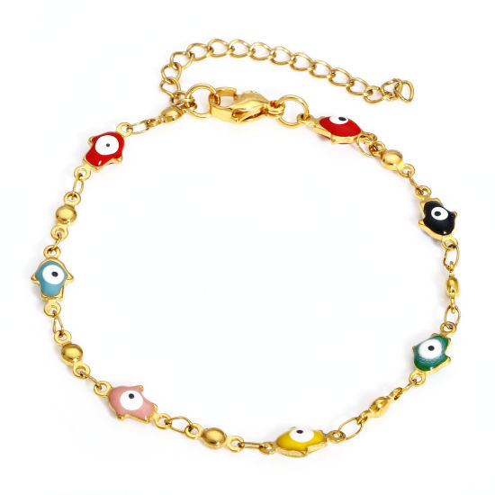 Изображение 1 ШТ Стильный религия Позолоченный Разноцветный 304 Нержавеющая Сталь Ручной Работы Цепь Ладонь Злой Глаз Двусторонняя эмаль Браслеты Для женщин подарок 18см длина