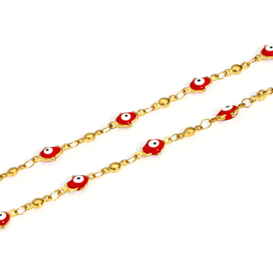 Picture of 1 Piece 304 Stainless Steel Religious Handmade Link Chain Necklace For DIY Jewelry Making Hamsa Symbol Hand Evil Eye Gold Plated Red Enamel 45cm(17 6/8") - 44cm(17 3/8") long, Chain Size: 6mm