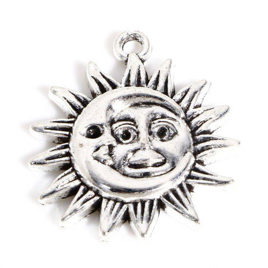 Picture of Zinc Based Alloy Galaxy Charms Antique Silver Color Sun And Moon Face 23mm x 20mm, 20 PCs