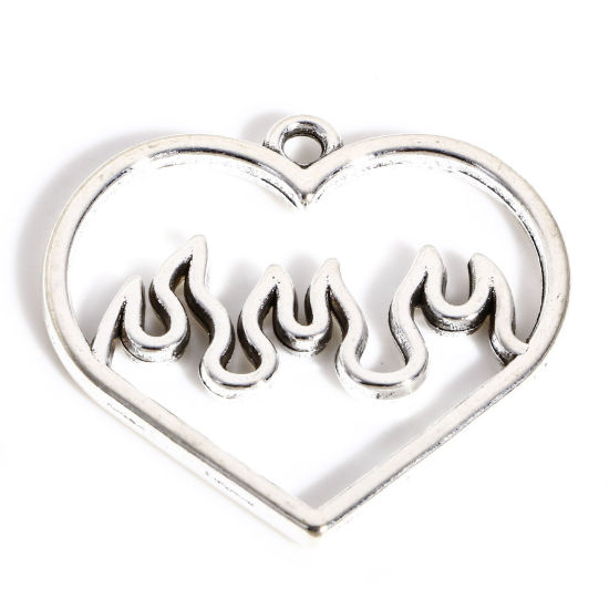 Picture of Zinc Based Alloy Valentine's Day Charms Antique Silver Color Heart Flame Fire Hollow 29mm x 28mm, 20 PCs