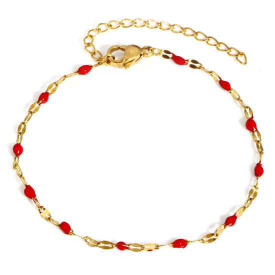 Immagine di 1 Pz Placcatura Sottovuoto PVD Ecologica 304 Acciaio Inossidabile Smalto Catena delle Labbra Braccialetti Oro Placcato Rosso Con Aragosta Fermagli Fibbia e Catena di Estensione 17.5cm Lunghezza