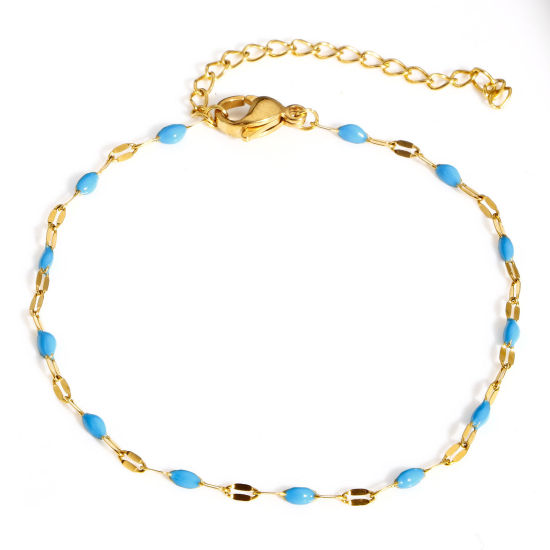 Immagine di 1 Pz Placcatura Sottovuoto PVD Ecologica 304 Acciaio Inossidabile Smalto Catena delle Labbra Braccialetti Oro Placcato Blu Con Aragosta Fermagli Fibbia e Catena di Estensione 17.5cm Lunghezza