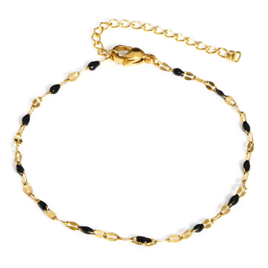 Immagine di 1 Pz Placcatura Sottovuoto PVD Ecologica 304 Acciaio Inossidabile Smalto Catena delle Labbra Braccialetti Oro Placcato Nero Con Aragosta Fermagli Fibbia e Catena di Estensione 17.5cm Lunghezza