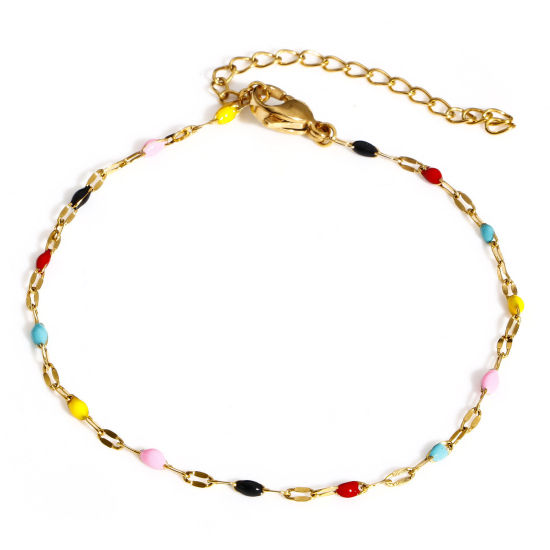 Immagine di 1 Pz Placcatura Sottovuoto PVD Ecologica 304 Acciaio Inossidabile Smalto Catena delle Labbra Braccialetti Oro Placcato Multicolore Con Aragosta Fermagli Fibbia e Catena di Estensione 17.5cm Lunghezza