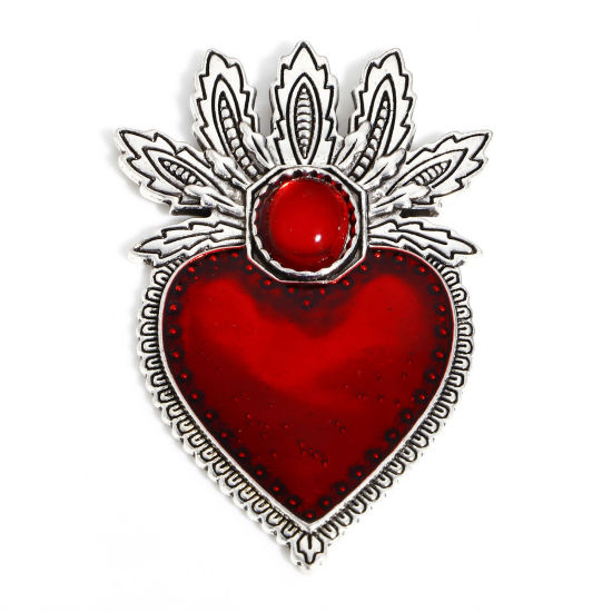 Immagine di Lega di Zinco Religione Ciondoli Argento Antico Rosso Ex Voto Cuore Smalto 5.9cm x 3.5cm, 5 Pz