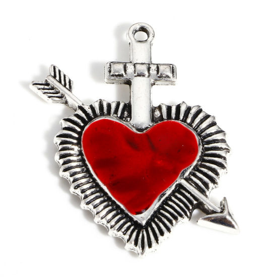 Immagine di Lega di Zinco Religione Ciondoli Argento Antico Rosso Ex Voto Cuore Freccia Smalto 3.9cm x 3.1cm, 5 Pz