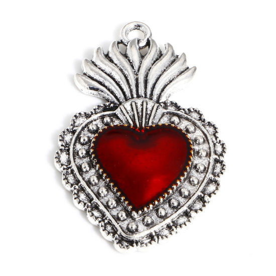 Immagine di Lega di Zinco Religione Ciondoli Argento Antico Rosso Ex Voto Cuore Smalto 3.6cm x 2.2cm, 5 Pz